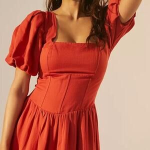 Anthropologie Current Air Square neck puff sleeved Midi Dress, Burnt Orange Sz L